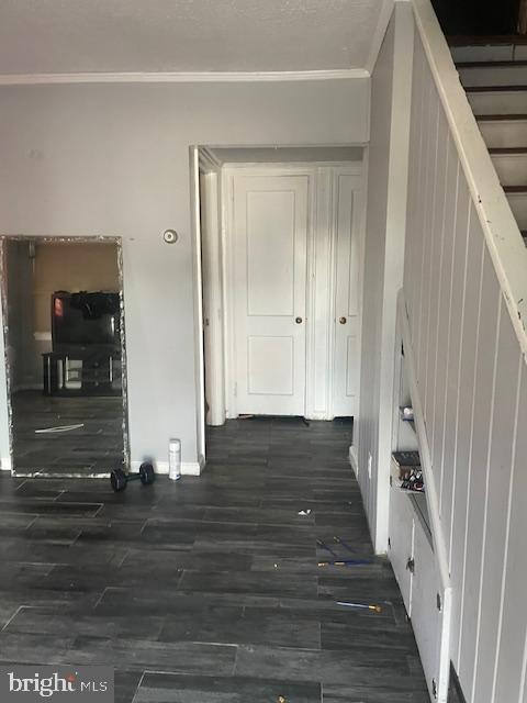 hallway with dark hardwood / wood-style floors and ornamental molding