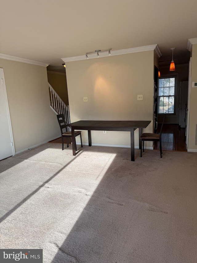 interior space featuring carpet floors and crown molding