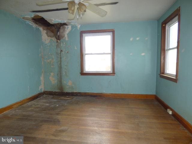 spare room with a wealth of natural light, ceiling fan, and wood-type flooring