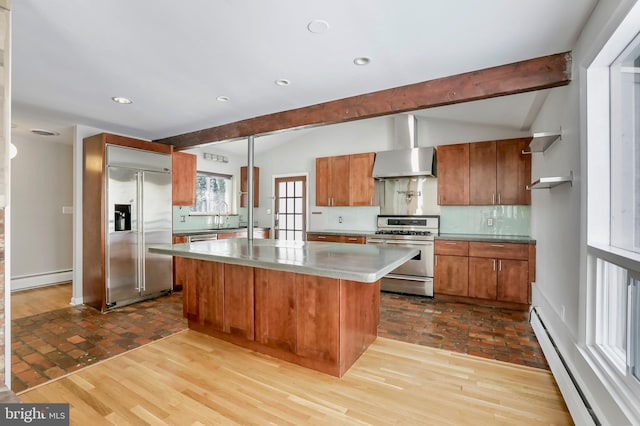 kitchen featuring appliances with stainless steel finishes, sink, decorative backsplash, a center island, and baseboard heating