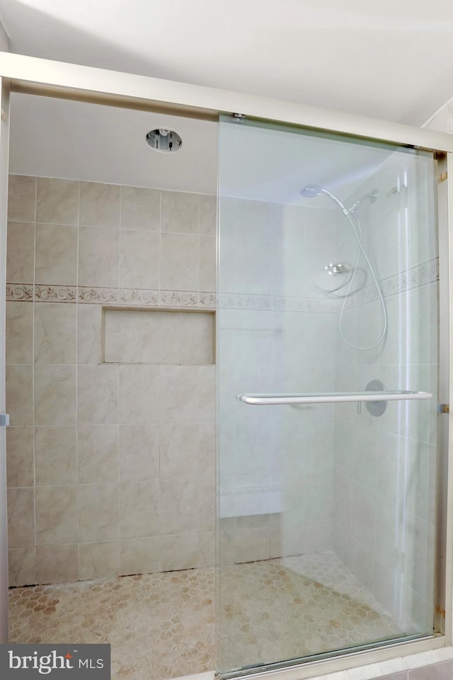 bathroom featuring a shower with shower door