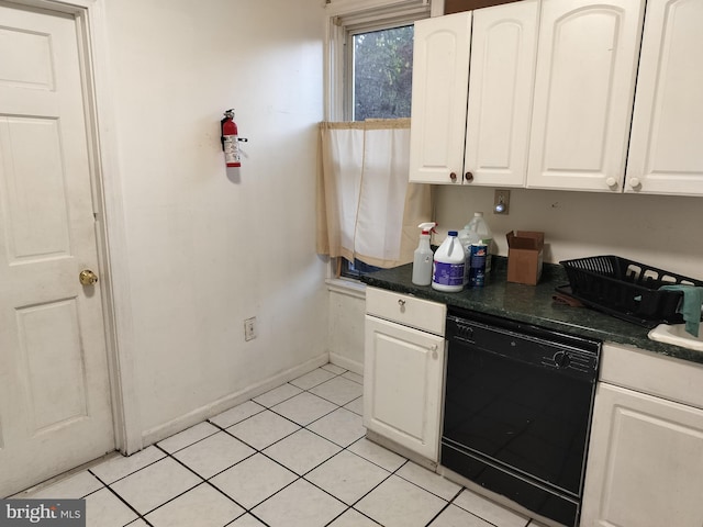 kitchen with white cabinetry, dishwasher, and light tile patterned floors