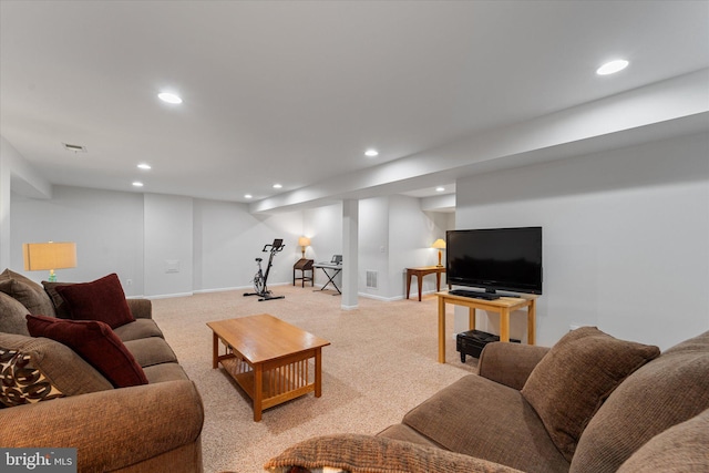 living room featuring light colored carpet