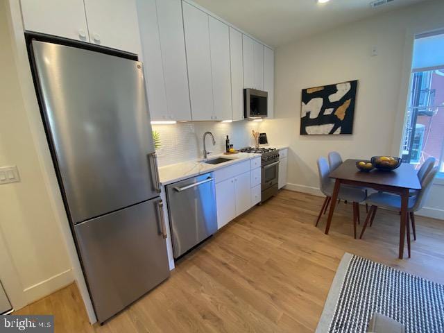 kitchen featuring appliances with stainless steel finishes, light hardwood / wood-style floors, white cabinetry, and sink