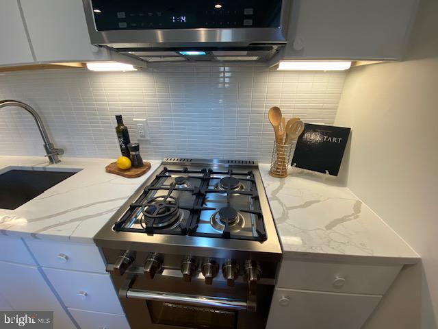 kitchen with sink, white cabinetry, light stone counters, decorative backsplash, and extractor fan