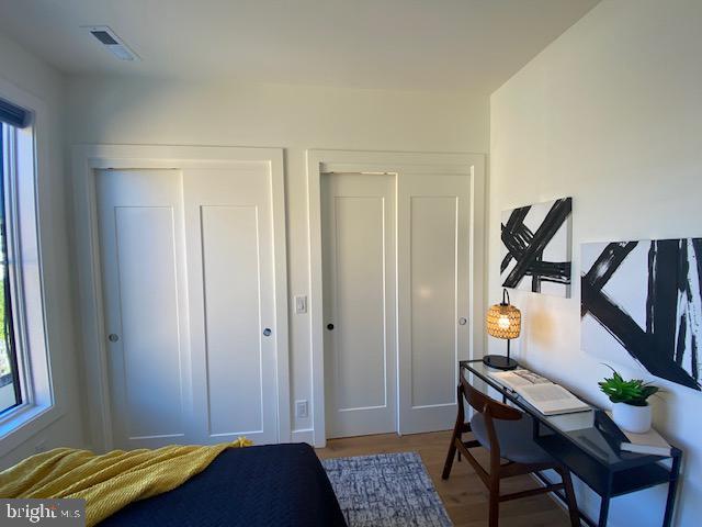 bedroom featuring a closet, multiple windows, and wood-type flooring