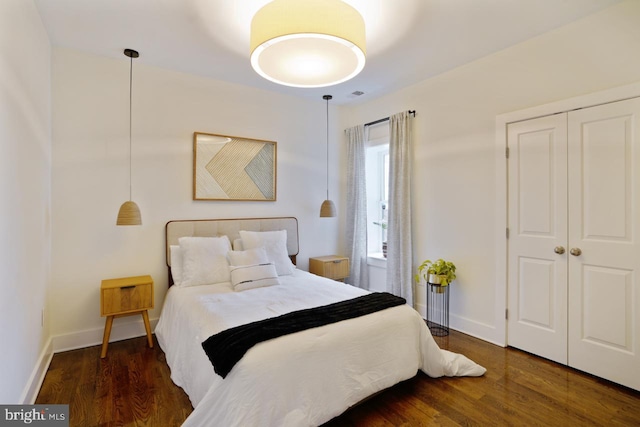 bedroom featuring dark hardwood / wood-style floors and a closet