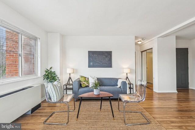 living area featuring hardwood / wood-style flooring and radiator