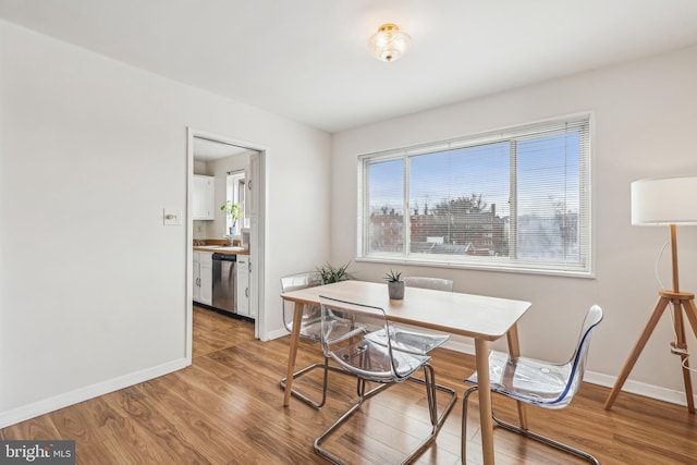 dining room with hardwood / wood-style flooring and sink