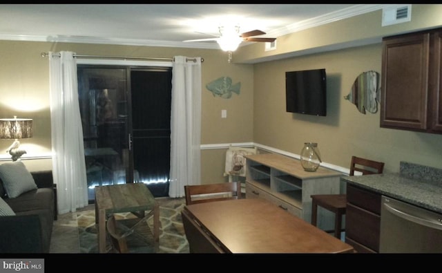 kitchen with stainless steel dishwasher, ceiling fan, dark brown cabinets, and ornamental molding