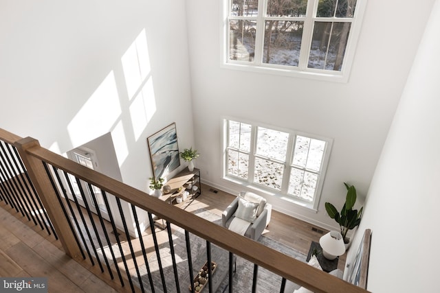 staircase with hardwood / wood-style floors