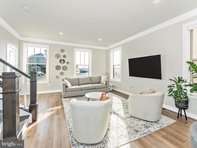 living room with light hardwood / wood-style floors and ornamental molding