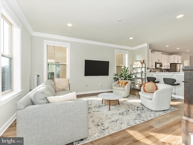 living room featuring light wood-type flooring, plenty of natural light, and ornamental molding