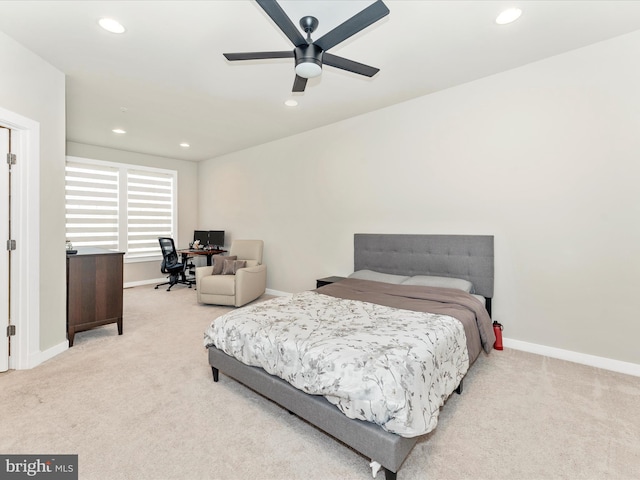 carpeted bedroom with ceiling fan