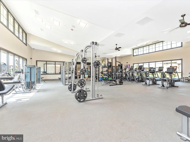 exercise room featuring ceiling fan and lofted ceiling