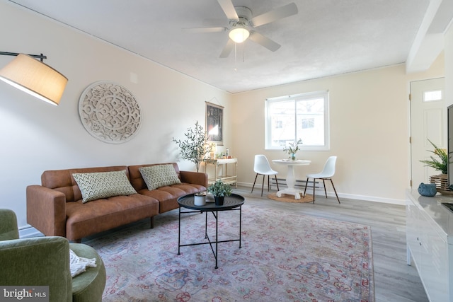 living room featuring light wood-type flooring and ceiling fan