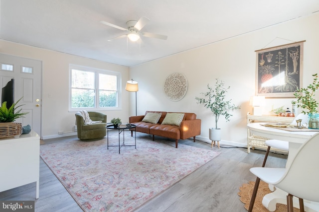 living room with hardwood / wood-style floors and ceiling fan