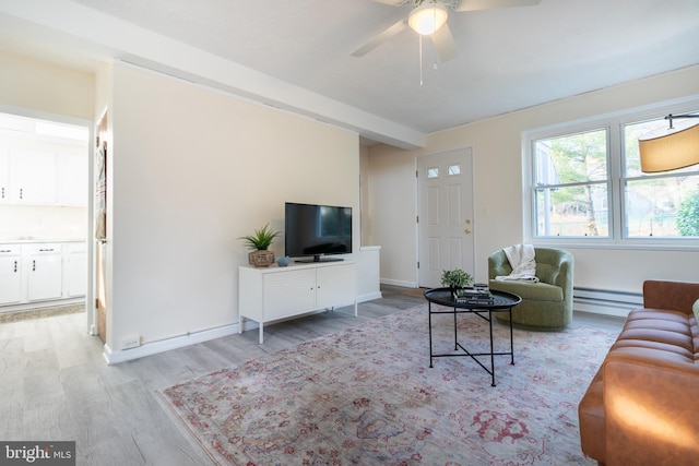 living room featuring ceiling fan, light hardwood / wood-style flooring, and a baseboard heating unit