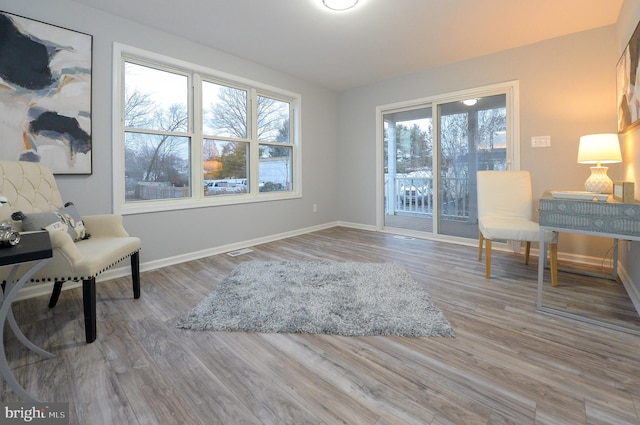 living area with hardwood / wood-style flooring