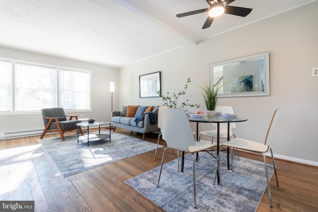 living room featuring hardwood / wood-style flooring, beam ceiling, and ceiling fan