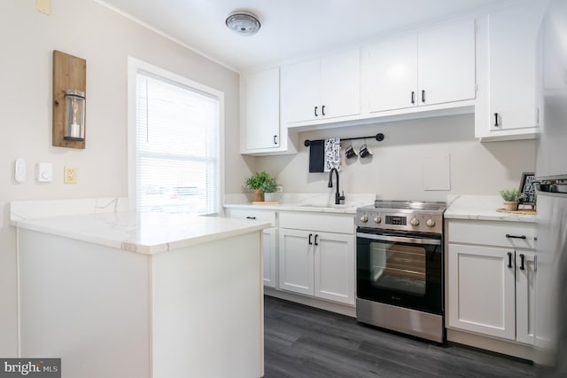 kitchen featuring stainless steel range with electric cooktop, sink, white cabinets, kitchen peninsula, and dark hardwood / wood-style flooring