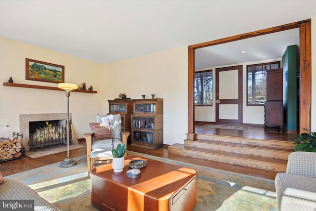 living room featuring hardwood / wood-style floors and a premium fireplace