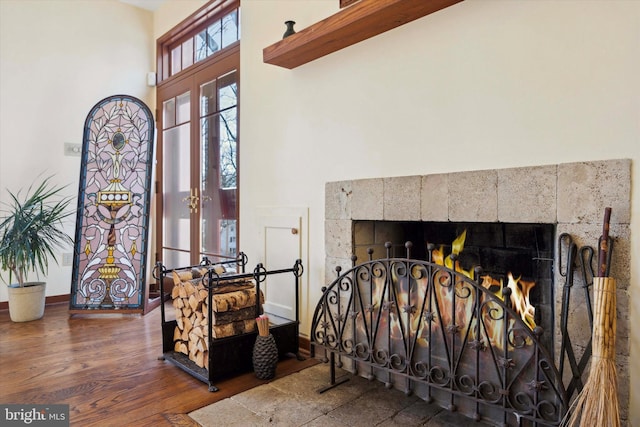 room details with a tiled fireplace, french doors, and hardwood / wood-style flooring