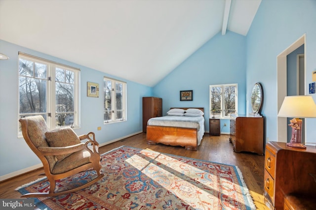 bedroom featuring beam ceiling, high vaulted ceiling, and dark wood-type flooring