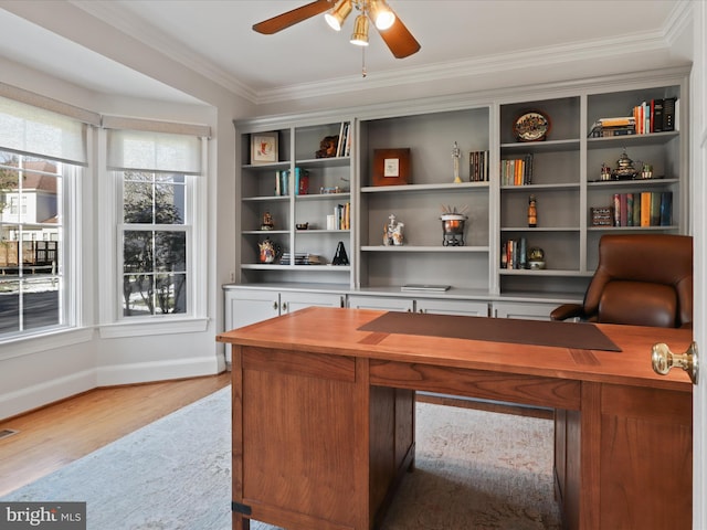 office space with visible vents, baseboards, a ceiling fan, light wood finished floors, and crown molding