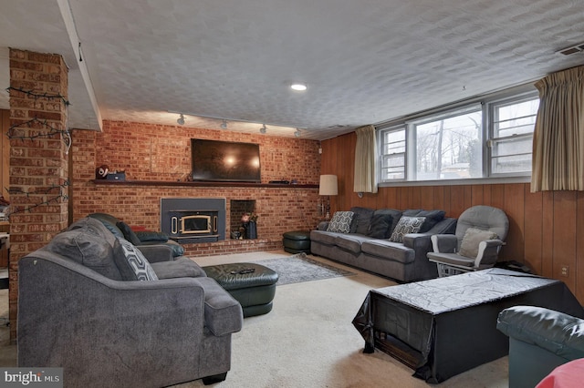 living room featuring carpet floors, wooden walls, and a textured ceiling