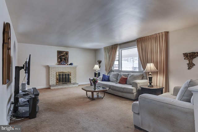 carpeted living room with a brick fireplace