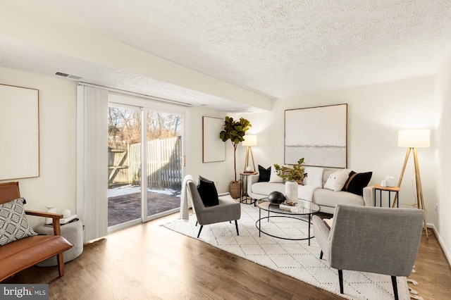 living room featuring light hardwood / wood-style floors and a textured ceiling