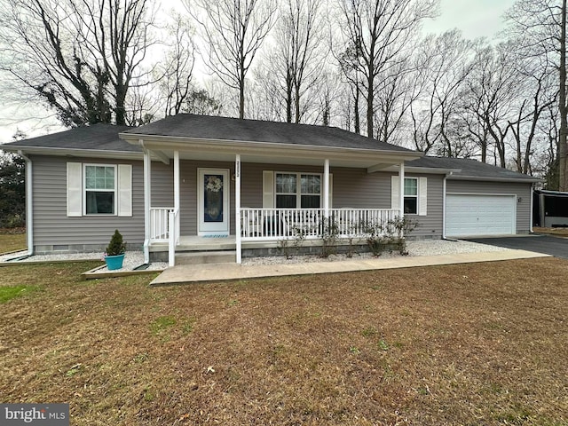 ranch-style home with a porch, a garage, and a front yard