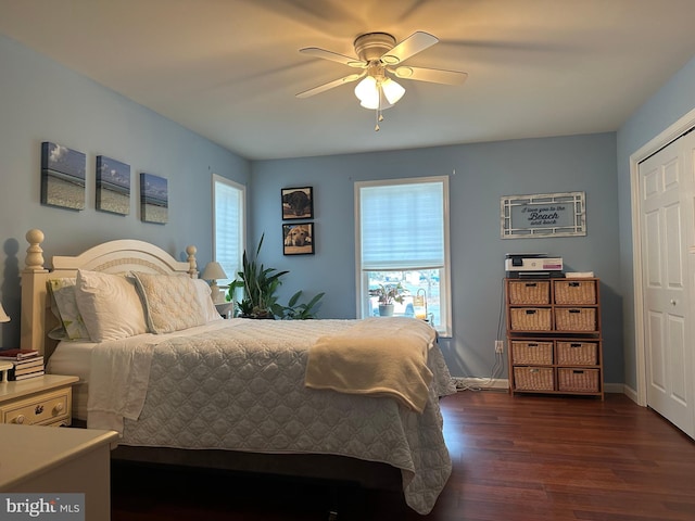 bedroom with multiple windows, a closet, and ceiling fan