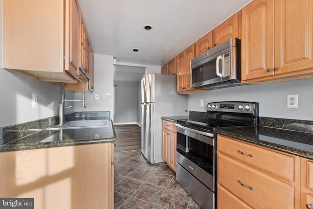 kitchen featuring dark stone countertops, sink, and stainless steel appliances