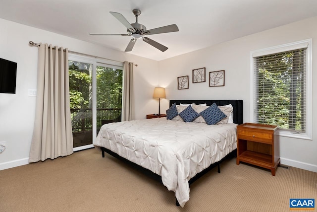 carpeted bedroom with access to outside and ceiling fan