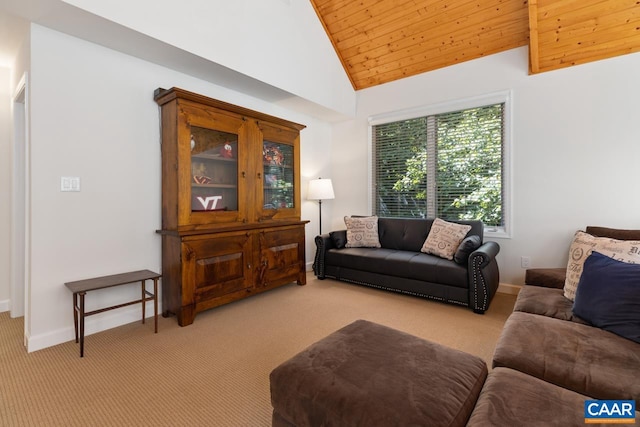 living room with light carpet, high vaulted ceiling, and wood ceiling