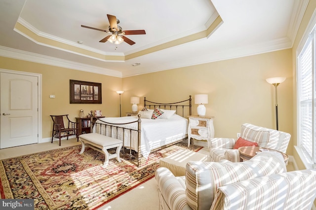 carpeted bedroom featuring a tray ceiling, multiple windows, crown molding, and ceiling fan