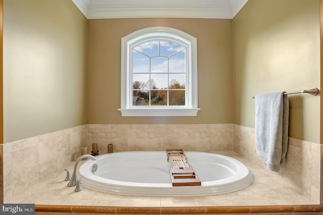 bathroom featuring a tub and crown molding