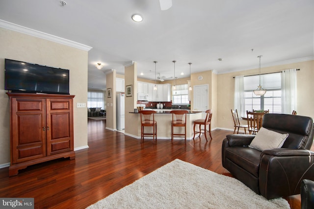 living room with dark hardwood / wood-style flooring and crown molding