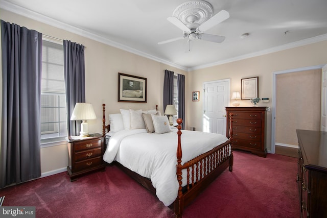 carpeted bedroom with ceiling fan and crown molding