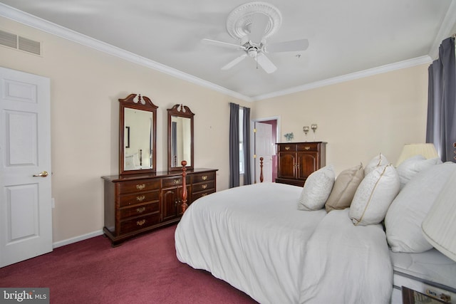 carpeted bedroom with ceiling fan and crown molding