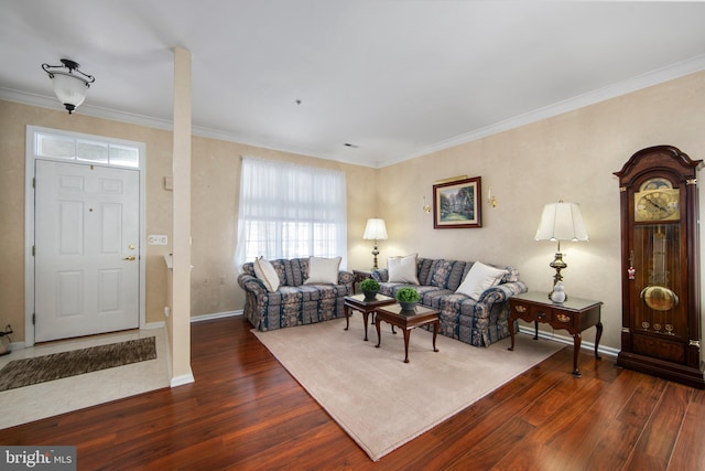 living room featuring dark hardwood / wood-style floors and ornamental molding