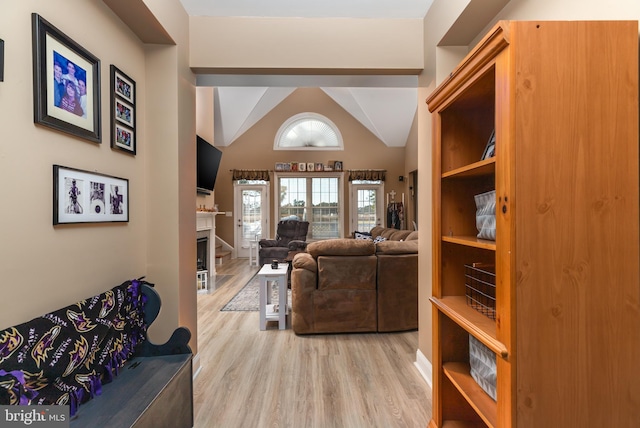 living room with vaulted ceiling and light hardwood / wood-style flooring