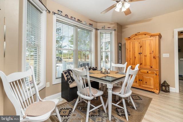 dining area featuring light hardwood / wood-style flooring and ceiling fan