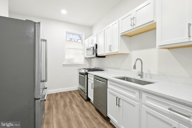 kitchen with light stone counters, sink, white cabinetry, and stainless steel appliances