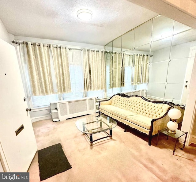 sitting room with carpet flooring, radiator heating unit, and a textured ceiling