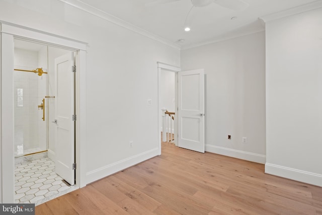 unfurnished bedroom featuring ensuite bathroom, recessed lighting, baseboards, ornamental molding, and light wood-type flooring