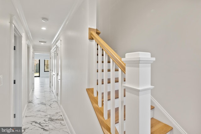 hall with baseboards, marble finish floor, stairs, crown molding, and recessed lighting