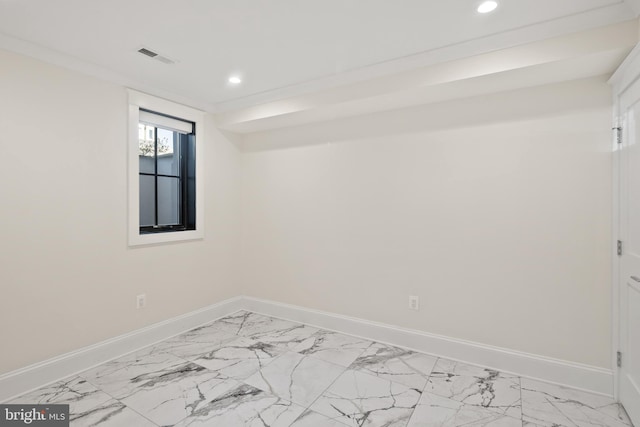 spare room featuring marble finish floor, visible vents, baseboards, and recessed lighting